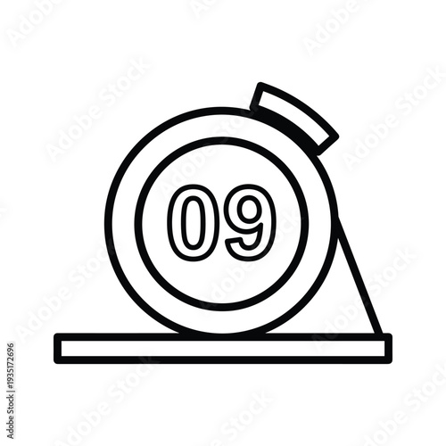 Black and white illustration of a stopwatch displaying the time 09