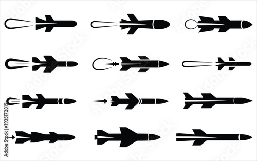 Missile Icons Collection: Different Types and Flight Paths Vector Graphics