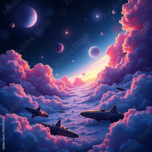 Abstract Watercolor Space Background With Stars and Moon