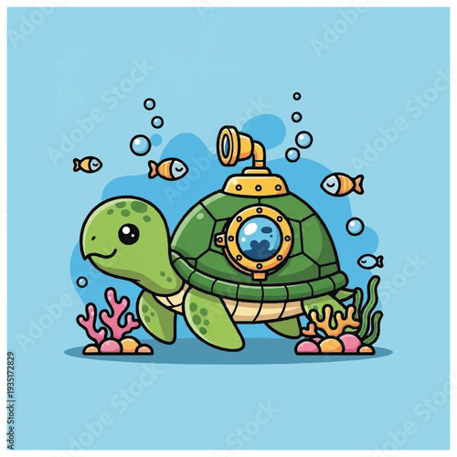 Cartoon Turtle Submarine Underwater Scene Illustration.