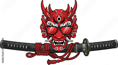 Japanese Oni Mask with Katana Sword and Sunglasses.