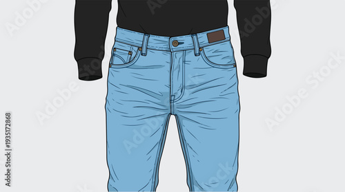 Illustration of a pair of light blue denim jeans and a black long-sleeved shirt.