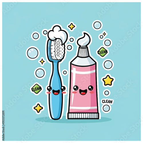 Toothbrush and Toothpaste with Happy Faces.