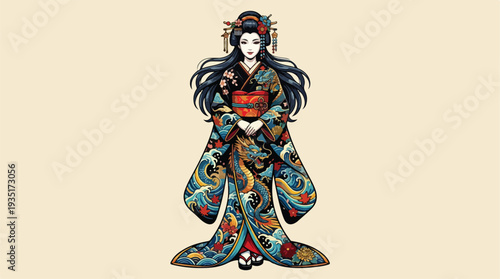 Elegant Japanese Geisha in Traditional Kimono with Intricate Patterns.