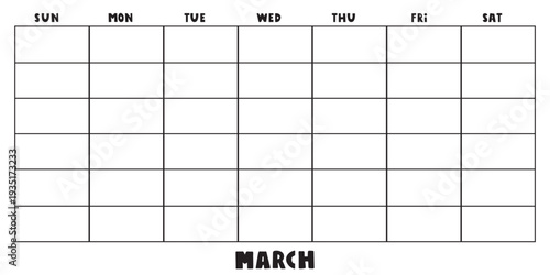 Horizontal Blank March Calendar Template. Hand Drawn Spring Planner 