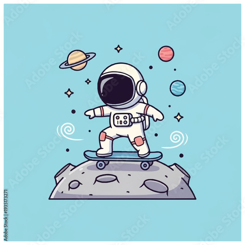 Astronaut Riding Skateboard on Rocky Planet Surface.