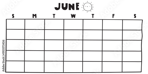 Summer June Calendar Template Horizontal. Fillable Monthly Planner with Happy Sunny Design