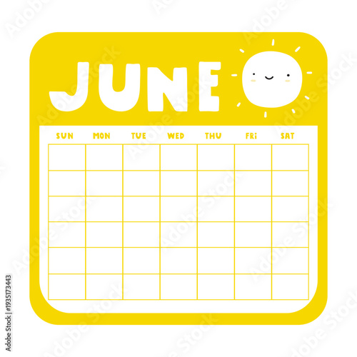 Yellow June Calendar Icon. Undated Monthly Grid Inside Bright Frame