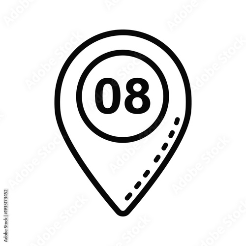 Black and white location pinpoint icon with the number 08 inside