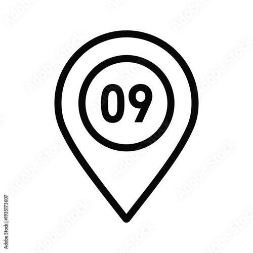 Black and white location marker pinpointing the number zero nine