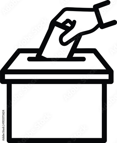 A black and white line drawing of a hand placing a vote in a ballot box.