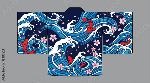 Traditional Japanese Kimono Design with Koi Fish and Cherry Blossoms.