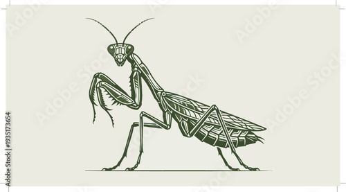 Detailed Illustration of a Praying Mantis Insect in Natural Pose.