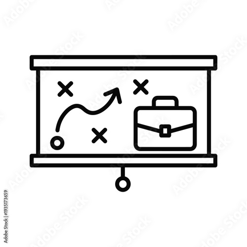 A chalkboard illustration showing a football play with a briefcase hanging beside it