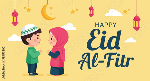 A vibrant Flat Design illustration showcasing two adorable cartoon children celebrating Eid, standing beside prominent 'Eid Mubarak' typography. 