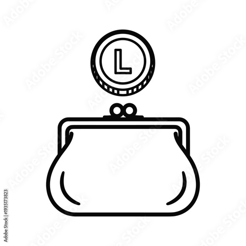 Line drawing of a coin purse with a coin featuring a letter l on top