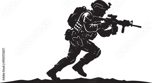 A silhouette of a determined soldier charging into action. 