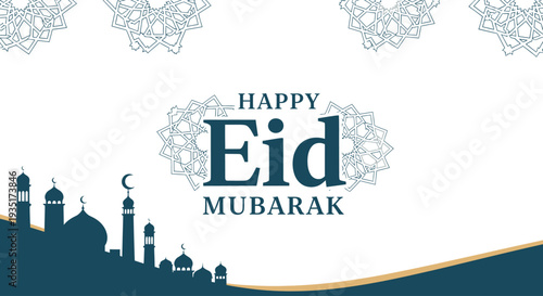 A vibrant Flat Design illustration showcasing two adorable cartoon children celebrating Eid, standing beside prominent 'Eid Mubarak' typography. 