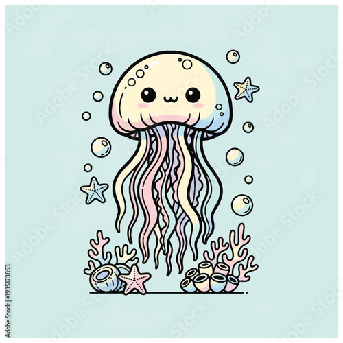 Cartoon Jellyfish with Tentacles and Bubbles.