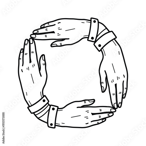 Illustration of hands joined together in a circle symbolizing unity and cooperation