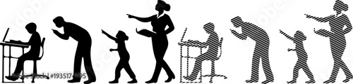 Silhouettes illustrating different stages of learning and guidance, with a child at a laptop, an adult supervising, and another adult teaching a young child.