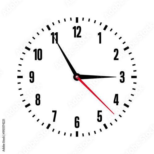 Mechanical clock face with arabic numerals, bezel. Watch dial with minute, hour marks and numbers. Timer or stopwatch element. Blank measuring circle scale with divisions. Vector illustration