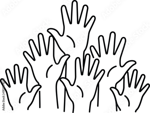 A diverse group of hands raised together in unity and support.