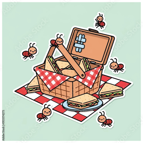 Picnic Basket with Sandwiches and Ants.