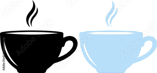 Two steaming cups, one black and one light blue, side by side on a white background, symbolizing hot beverages.
