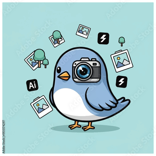 Blue Bird Cartoon Character With Camera.