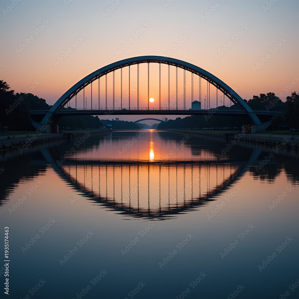 Fototapeta premium Symmetrical arched bridge reflection on tranquil water at dusk International Day of Multilateralism and Diplomacy for Peace