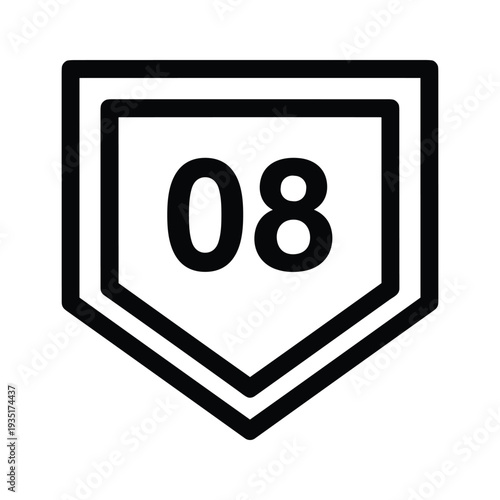 Hexagonal badge featuring the number zero eight in bold black font