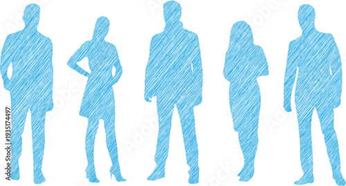 Five blue scribbled silhouettes of diverse people standing on a white background, representing a group or team.