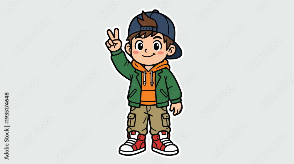 Naklejka premium Cute Cartoon Boy Wearing a Cap and Jacket Showing Peace Sign.