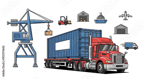 Red Semi Truck with Shipping Container.