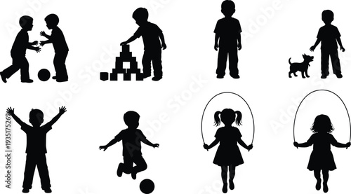 Black silhouettes of children playing with blocks, jumping rope, kicking ball, and walking dog isolated on a white background vector.