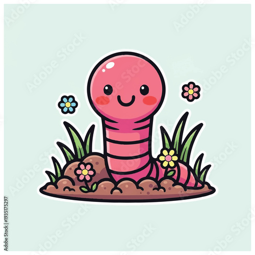 Cartoon Pink Worm with Smiling Face.