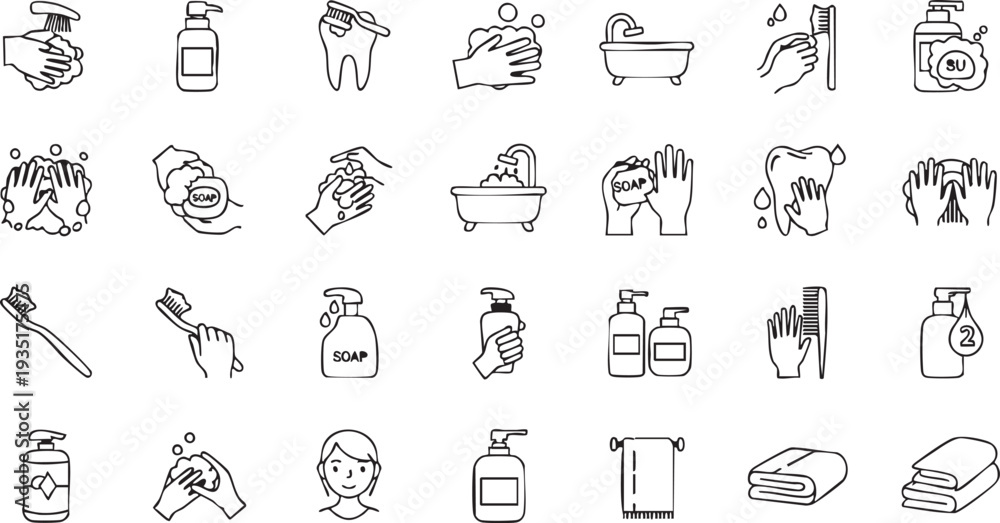 Naklejka premium Black and white line of various bathroom hygiene and line black and white toothbrush