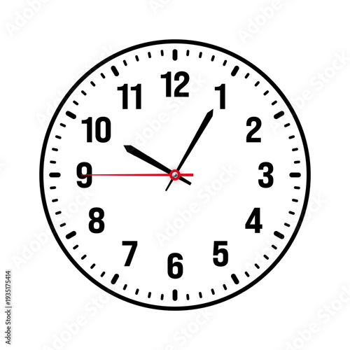 Mechanical clock face with arabic numerals, bezel. Watch dial with minute, hour marks and numbers. Timer or stopwatch element. Blank measuring circle scale with divisions. Vector illustration