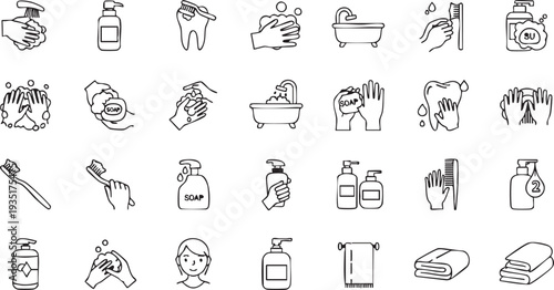 Black and white line of various bathroom hygiene and line black and white toothbrush