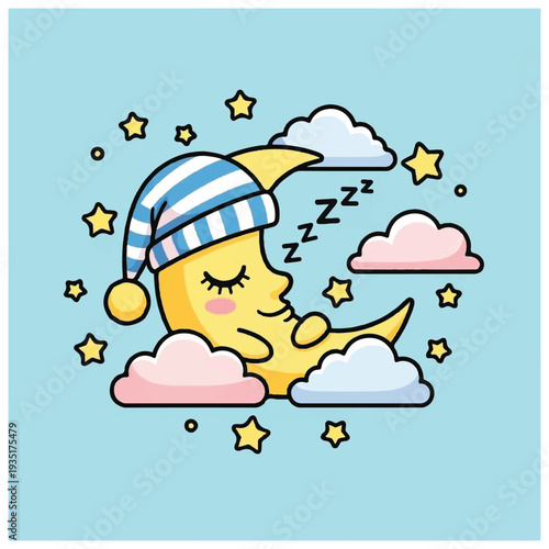 Smiling Moon Character Sleeping on Clouds.