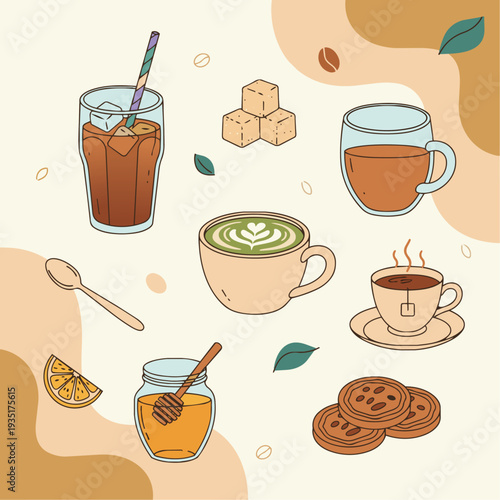 Aesthetic café doodle elements set, iced coffee glass, matcha latte, chai tea, teacup, sugar cubes, lemon slice, honey jar, spoon, cookies, flat vector style, solid warm tones, clean crisp outlines,