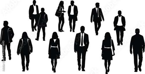 Black silhouettes of professional business men and women walking and standing in formal attire isolated on white background vector design