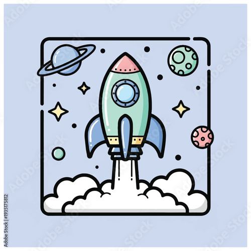 Cartoon Rocket Ship Launching into Space.
