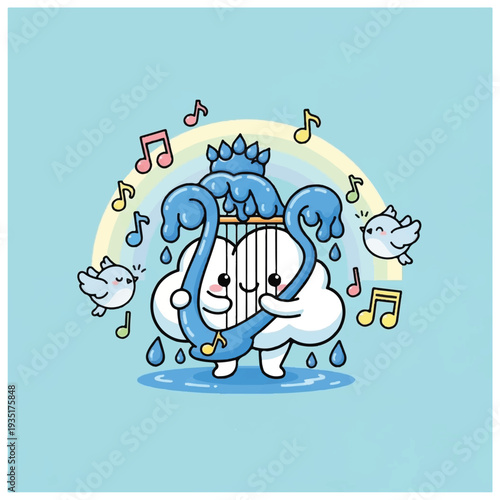 Cartoon Character Playing Harp with Music Notes.