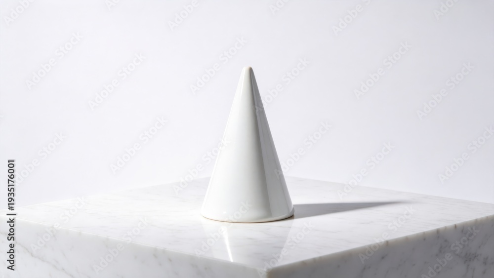 Fototapeta premium Minimalist White Ceramic Cone On Marble CubeModern Abstract Geometric ShapeStudio Product PhotographyClean BackgroundDesign ElementArtistic ObjectContemporary DecorSimple