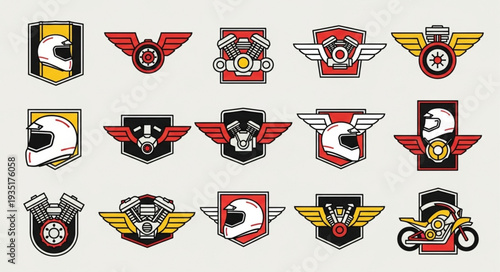 Collection of Motorcycle Emblems and Badges with Helmets and Engines.