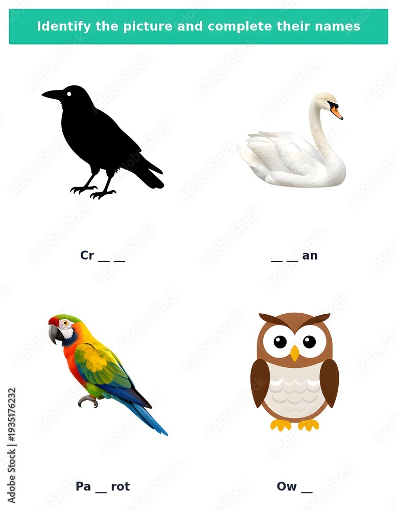 Obraz premium Birds Identification Worksheet for Children Name Completion printable spelling practice page