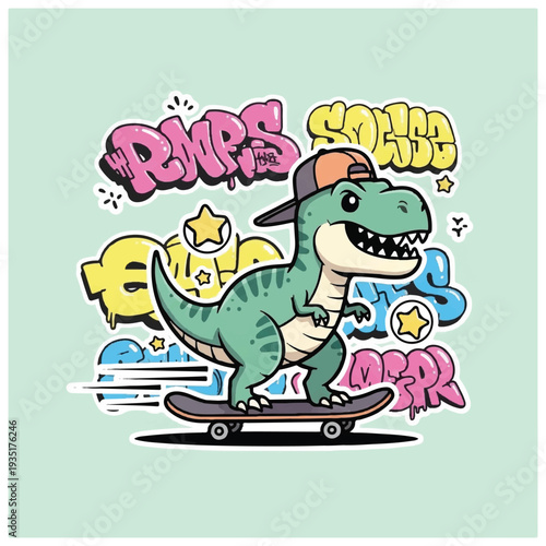 Cartoon Dinosaur Riding Skateboard with Baseball Cap.