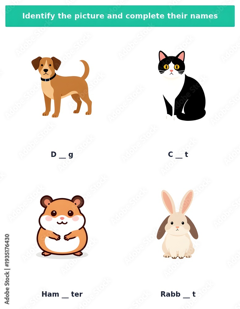 Obraz premium Pets and Farm Animals Learning Page Complete the word printable spelling practice page